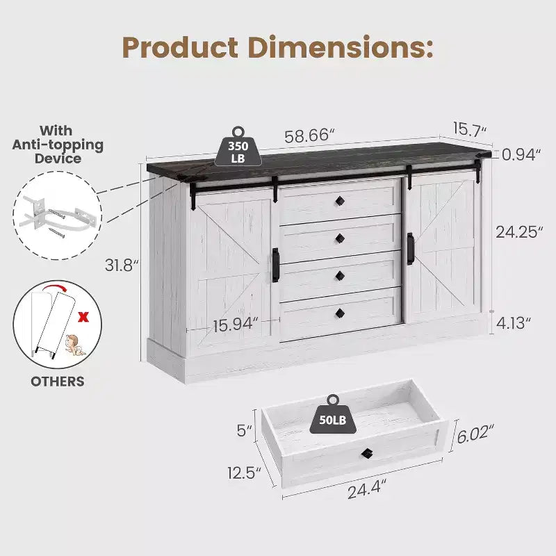 Sideboard-Buffetschrank mit Stauraum, TV-Ständer im Landhausstil mit Schiebetür im Scheunentor-Stil, großer Buffettisch für Esszimmer, Küche und Wohnzimmer