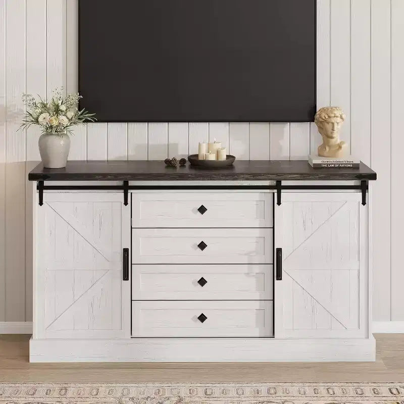 Sideboard-Buffetschrank mit Stauraum, TV-Ständer im Landhausstil mit Schiebetür im Scheunentor-Stil, großer Buffettisch für Esszimmer, Küche und Wohnzimmer