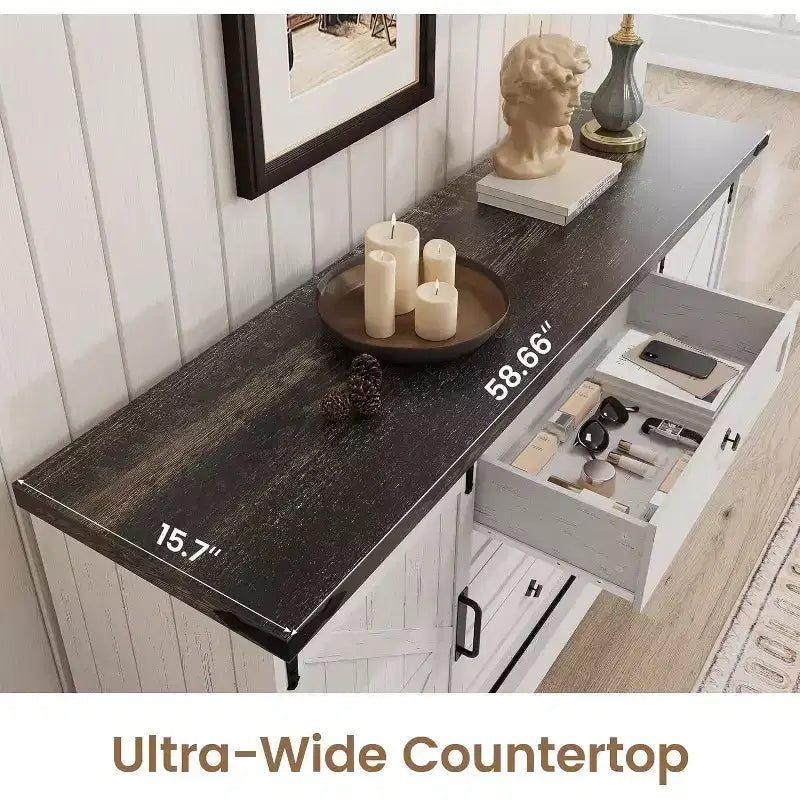 Sideboard-Buffetschrank mit Stauraum, TV-Ständer im Landhausstil mit Schiebetür im Scheunentor-Stil, großer Buffettisch für Esszimmer, Küche und Wohnzimmer