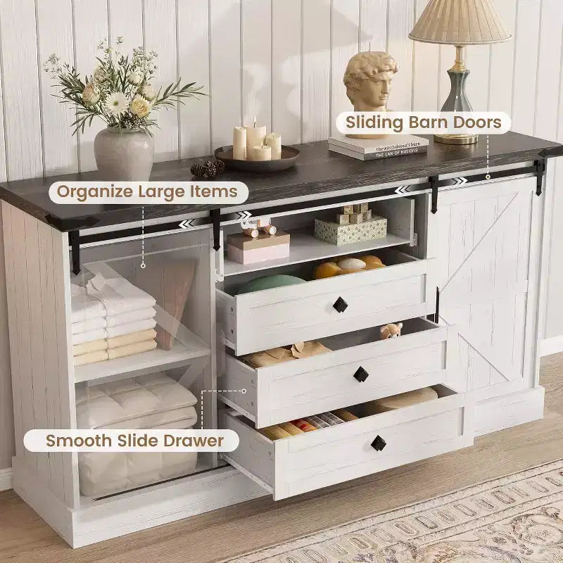 Sideboard-Buffetschrank mit Stauraum, TV-Ständer im Landhausstil mit Schiebetür im Scheunentor-Stil, großer Buffettisch für Esszimmer, Küche und Wohnzimmer