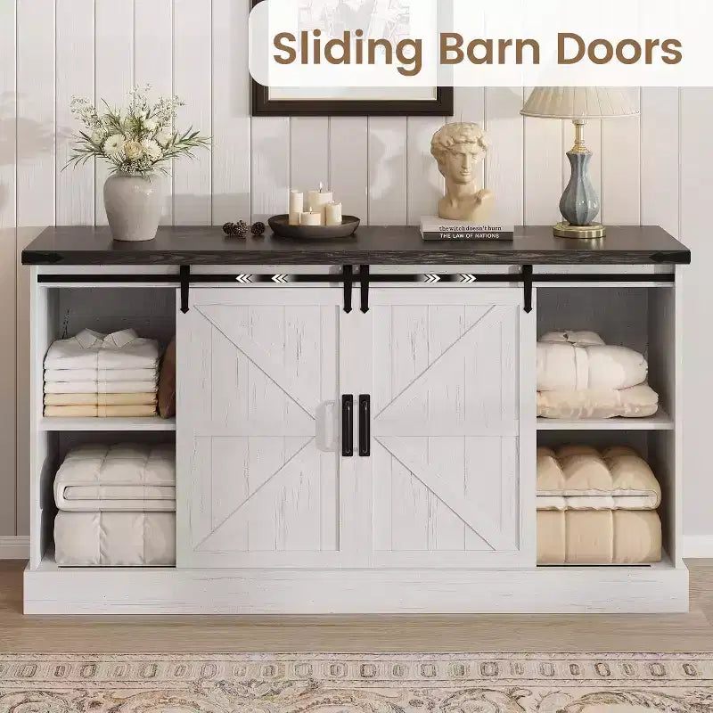 Sideboard-Buffetschrank mit Stauraum, TV-Ständer im Landhausstil mit Schiebetür im Scheunentor-Stil, großer Buffettisch für Esszimmer, Küche und Wohnzimmer