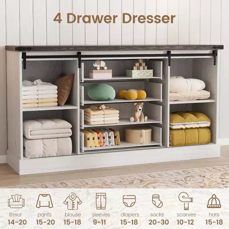 Sideboard-Buffetschrank mit Stauraum, TV-Ständer im Landhausstil mit Schiebetür im Scheunentor-Stil, großer Buffettisch für Esszimmer, Küche und Wohnzimmer