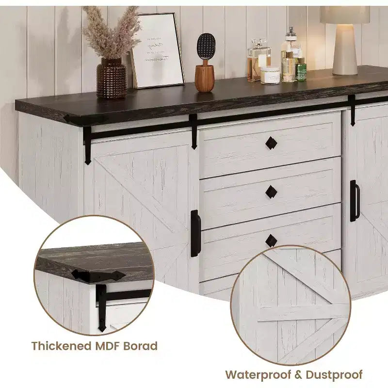 Sideboard-Buffetschrank mit Stauraum, TV-Ständer im Landhausstil mit Schiebetür im Scheunentor-Stil, großer Buffettisch für Esszimmer, Küche und Wohnzimmer