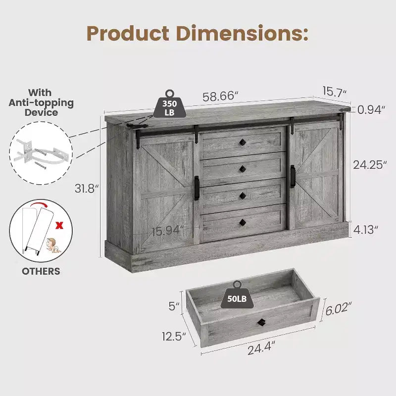 Sideboard-Buffetschrank mit Stauraum, TV-Ständer im Landhausstil mit Schiebetür im Scheunentor-Stil, großer Buffettisch für Esszimmer, Küche und Wohnzimmer