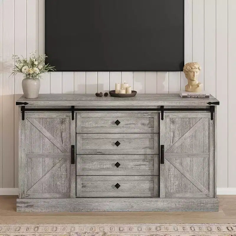 Sideboard-Buffetschrank mit Stauraum, TV-Ständer im Landhausstil mit Schiebetür im Scheunentor-Stil, großer Buffettisch für Esszimmer, Küche und Wohnzimmer