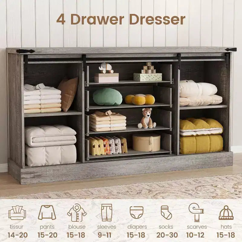 Sideboard-Buffetschrank mit Stauraum, TV-Ständer im Landhausstil mit Schiebetür im Scheunentor-Stil, großer Buffettisch für Esszimmer, Küche und Wohnzimmer