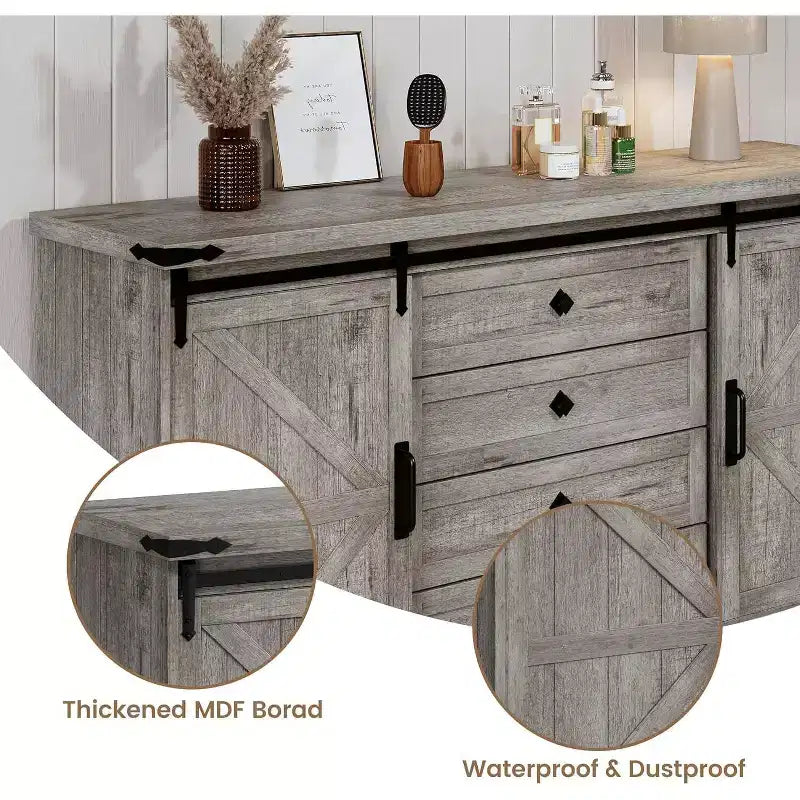 Sideboard-Buffetschrank mit Stauraum, TV-Ständer im Landhausstil mit Schiebetür im Scheunentor-Stil, großer Buffettisch für Esszimmer, Küche und Wohnzimmer