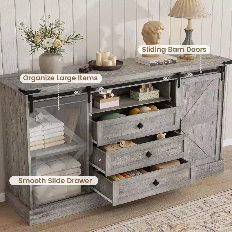 Sideboard-Buffetschrank mit Stauraum, TV-Ständer im Landhausstil mit Schiebetür im Scheunentor-Stil, großer Buffettisch für Esszimmer, Küche und Wohnzimmer