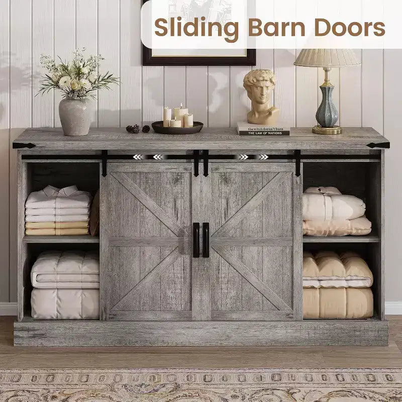 Sideboard-Buffetschrank mit Stauraum, TV-Ständer im Landhausstil mit Schiebetür im Scheunentor-Stil, großer Buffettisch für Esszimmer, Küche und Wohnzimmer