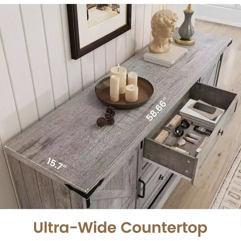 Sideboard-Buffetschrank mit Stauraum, TV-Ständer im Landhausstil mit Schiebetür im Scheunentor-Stil, großer Buffettisch für Esszimmer, Küche und Wohnzimmer