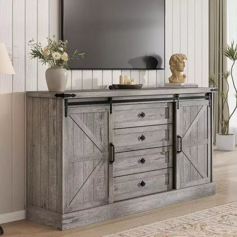 Sideboard-Buffetschrank mit Stauraum, TV-Ständer im Landhausstil mit Schiebetür im Scheunentor-Stil, großer Buffettisch für Esszimmer, Küche und Wohnzimmer