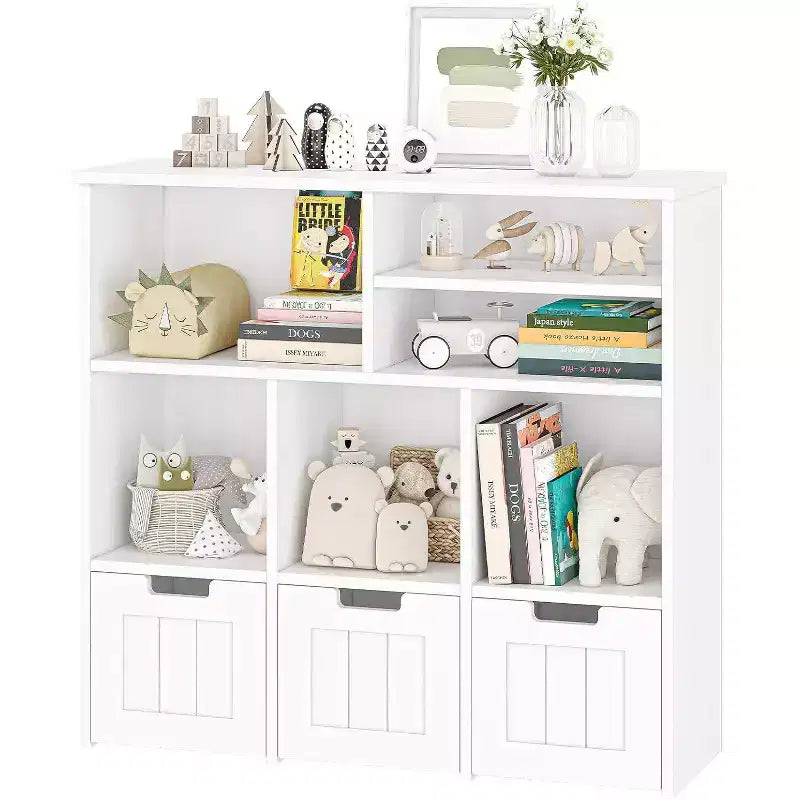Kinder-Bücherregal und Spielzeugschrank, Organizer mit 3 beweglichen Schubladen und versteckten Rollen, 6 Fächer für Schlafzimmer, Spielzimmer und Kinderzimmer, Weiß