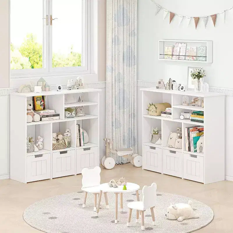Kinder-Bücherregal und Spielzeugschrank, Organizer mit 3 beweglichen Schubladen und versteckten Rollen, 6 Fächer für Schlafzimmer, Spielzimmer und Kinderzimmer, Weiß