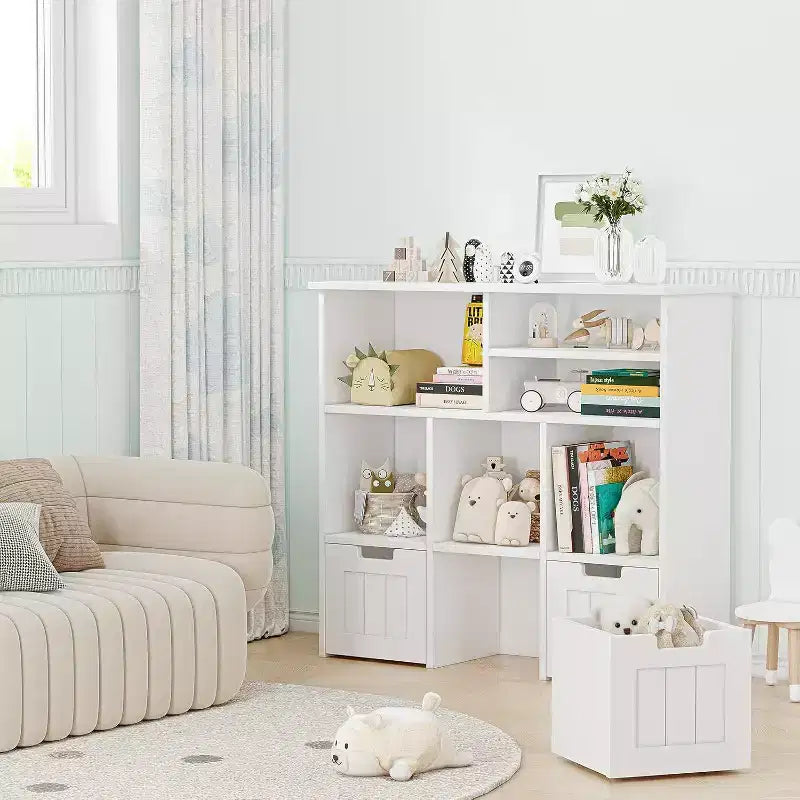 Kinder-Bücherregal und Spielzeugschrank, Organizer mit 3 beweglichen Schubladen und versteckten Rollen, 6 Fächer für Schlafzimmer, Spielzimmer und Kinderzimmer, Weiß
