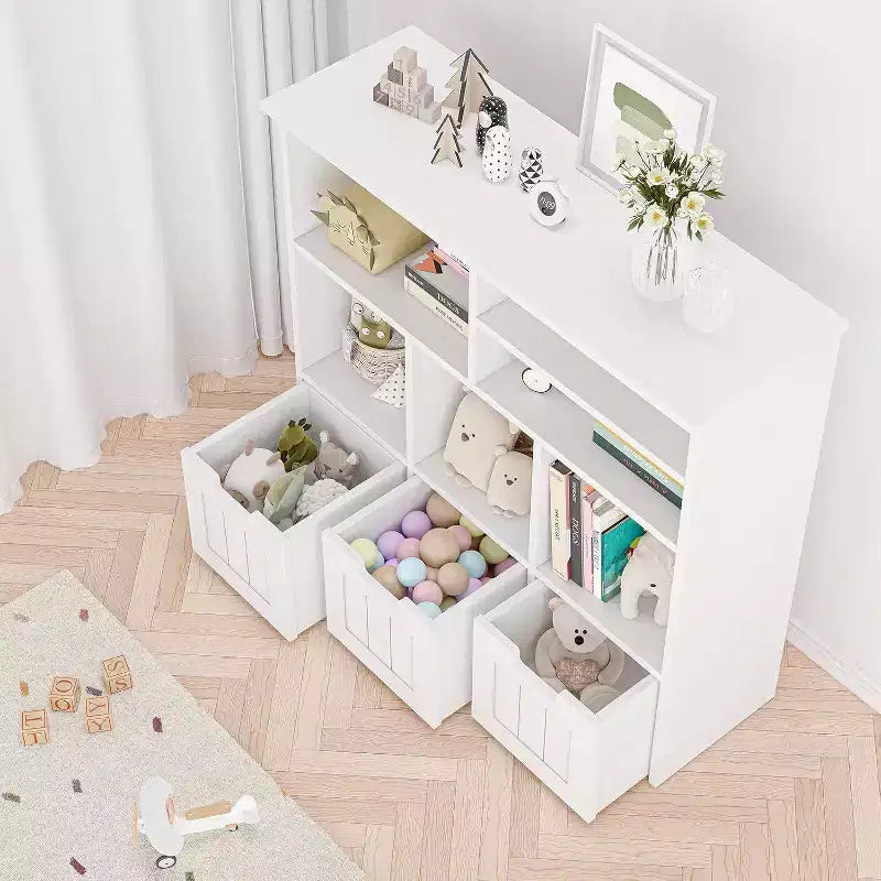 Kinder-Bücherregal und Spielzeugschrank, Organizer mit 3 beweglichen Schubladen und versteckten Rollen, 6 Fächer für Schlafzimmer, Spielzimmer und Kinderzimmer, Weiß