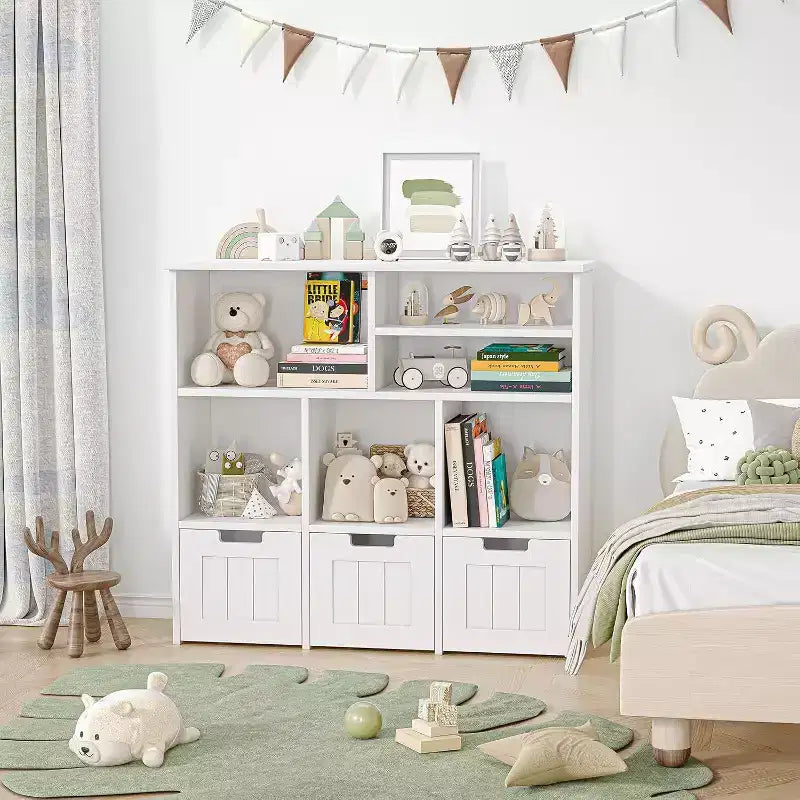 Kinder-Bücherregal und Spielzeugschrank, Organizer mit 3 beweglichen Schubladen und versteckten Rollen, 6 Fächer für Schlafzimmer, Spielzimmer und Kinderzimmer, Weiß