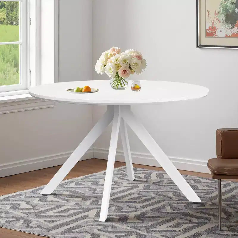 Mesa de comedor redonda de madera de 47in con estructura metálica, para 4-6 personas, para cocina, comedor y sala de estar, blanca