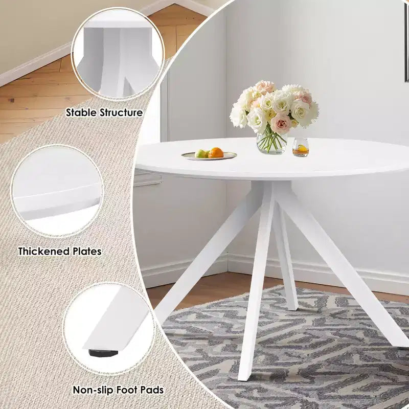 Mesa de comedor redonda de madera de 47in con estructura metálica, para 4-6 personas, para cocina, comedor y sala de estar, blanca