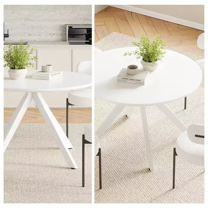 47 Zoll runder Holzesstisch mit Metallgestell für 4-6 Personen, für Küche, Esszimmer und Wohnzimmer, Weiß