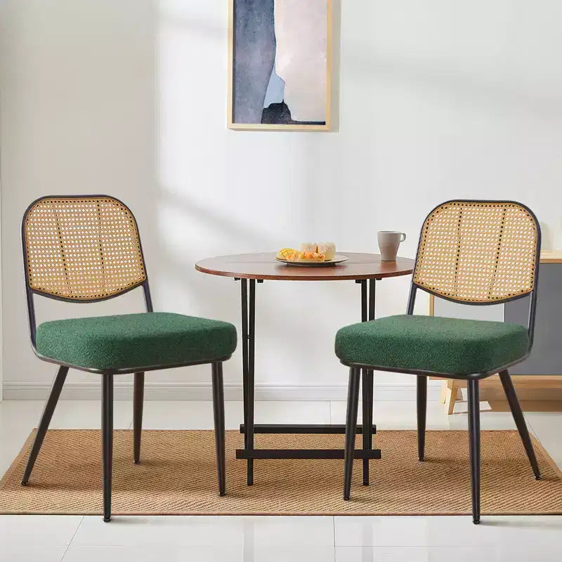 2er-Set Esszimmerstühle aus Rattan - Polsterstühle im Mid-Century-Modern-Stil mit Rohrgeflecht-Rückenlehne und Metallbeinen für die Küche