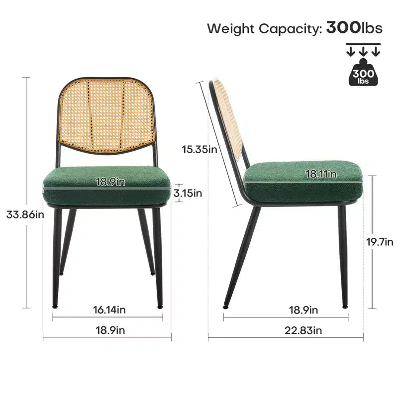 2er-Set Esszimmerstühle aus Rattan - Polsterstühle im Mid-Century-Modern-Stil mit Rohrgeflecht-Rückenlehne und Metallbeinen für die Küche