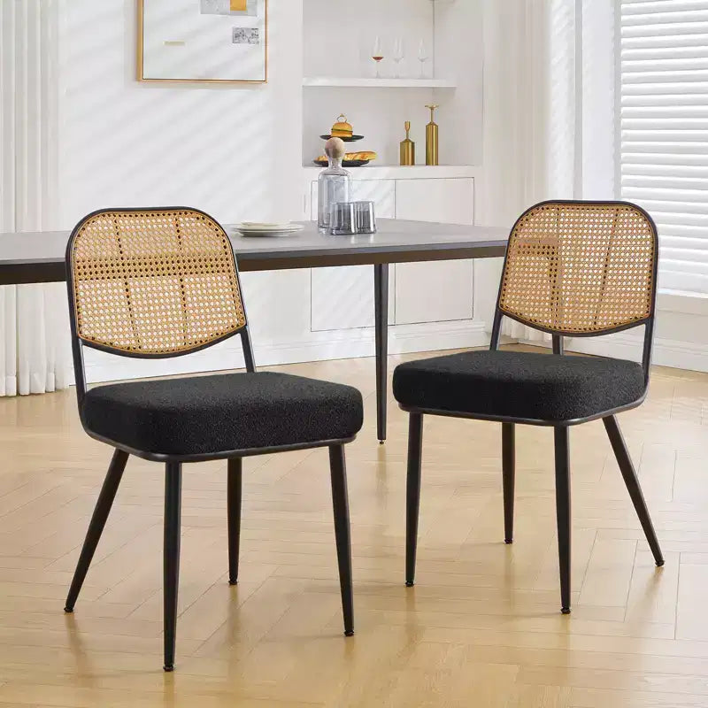 Juego de 2 sillas de comedor de ratán - sillas auxiliares tapizadas de estilo moderno de mediados de siglo con respaldo de rejilla de caña y patas de metal para cocina
