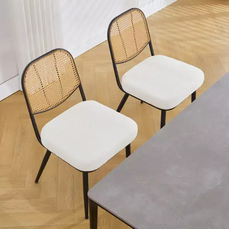 2er-Set Esszimmerstühle aus Rattan - Polsterstühle im Mid-Century-Modern-Stil mit Rohrgeflecht-Rückenlehne und Metallbeinen für die Küche