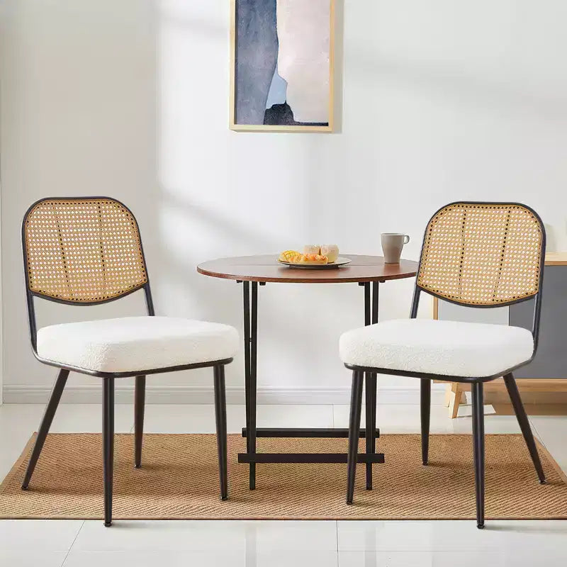 2er-Set Esszimmerstühle aus Rattan - Polsterstühle im Mid-Century-Modern-Stil mit Rohrgeflecht-Rückenlehne und Metallbeinen für die Küche