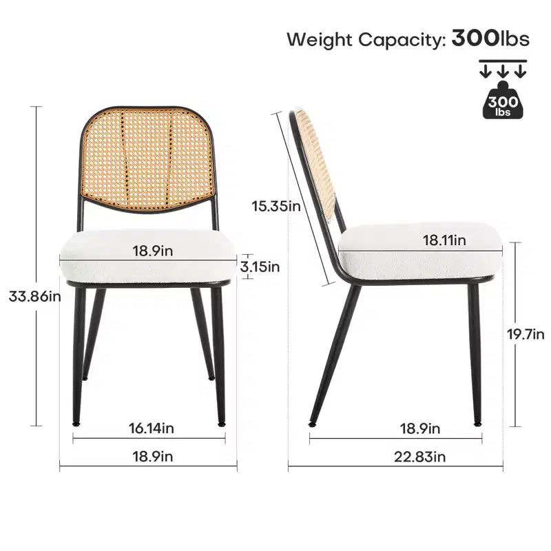 2er-Set Esszimmerstühle aus Rattan - Polsterstühle im Mid-Century-Modern-Stil mit Rohrgeflecht-Rückenlehne und Metallbeinen für die Küche