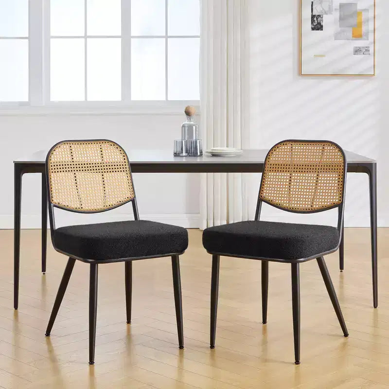 Juego de 2 sillas de comedor de ratán - sillas auxiliares tapizadas de estilo moderno de mediados de siglo con respaldo de rejilla de caña y patas de metal para cocina