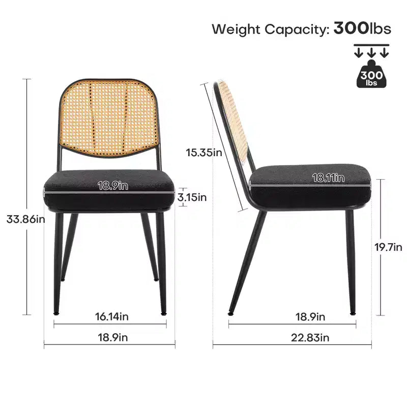 2er-Set Esszimmerstühle aus Rattan - Polsterstühle im Mid-Century-Modern-Stil mit Rohrgeflecht-Rückenlehne und Metallbeinen für die Küche