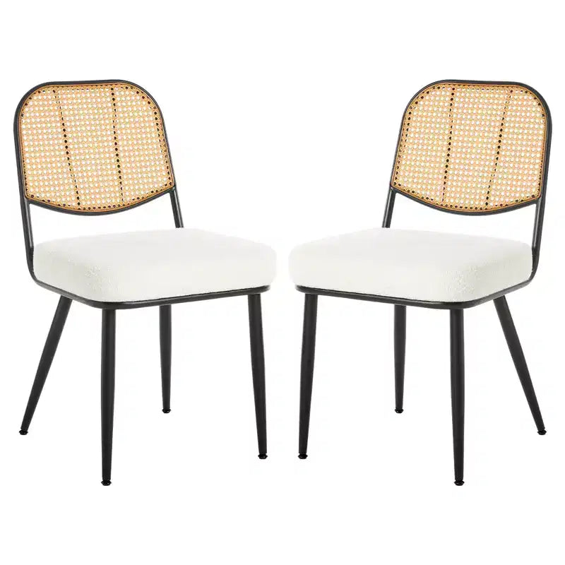 Juego de 2 sillas de comedor de ratán - sillas auxiliares tapizadas de estilo moderno de mediados de siglo con respaldo de rejilla de caña y patas de metal para cocina