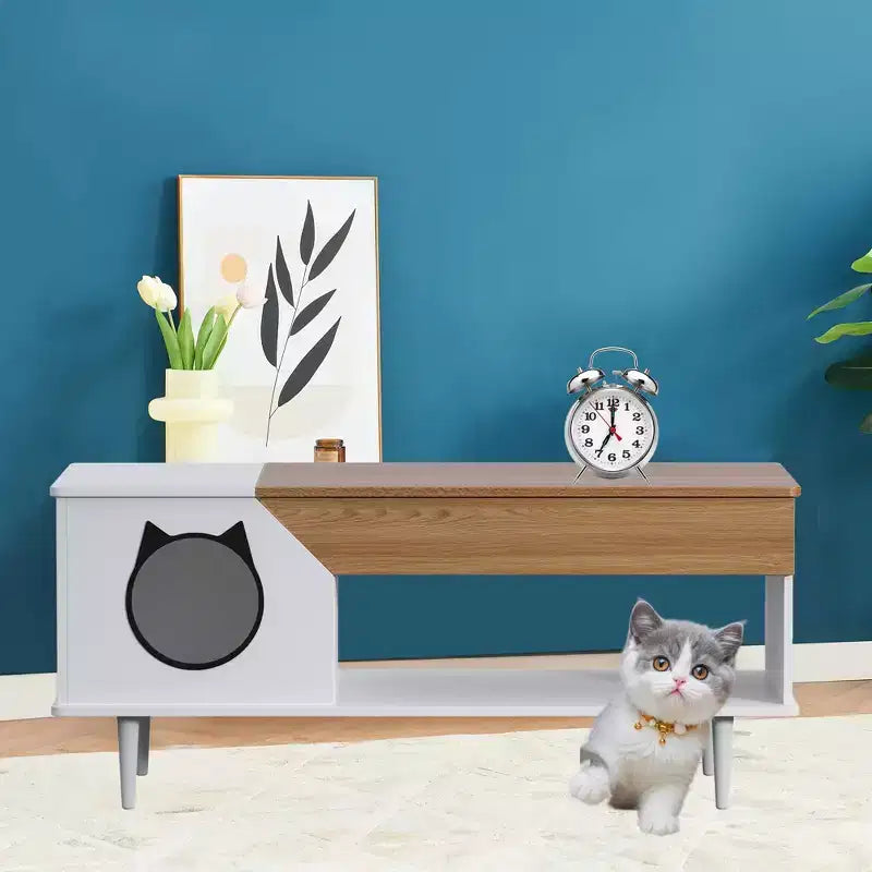 Couchtisch 45' in Schwarz mit Katzenmotiven, für das Wohnzimmer, mit Schublade, rustikale Couchtische aus Holz mit Katzenhaus