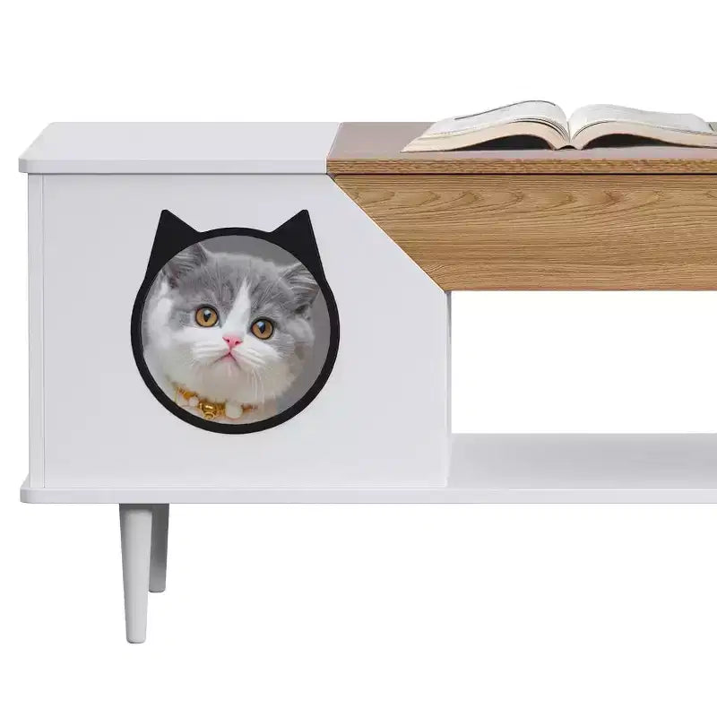 Couchtisch 45' in Schwarz mit Katzenmotiven, für das Wohnzimmer, mit Schublade, rustikale Couchtische aus Holz mit Katzenhaus