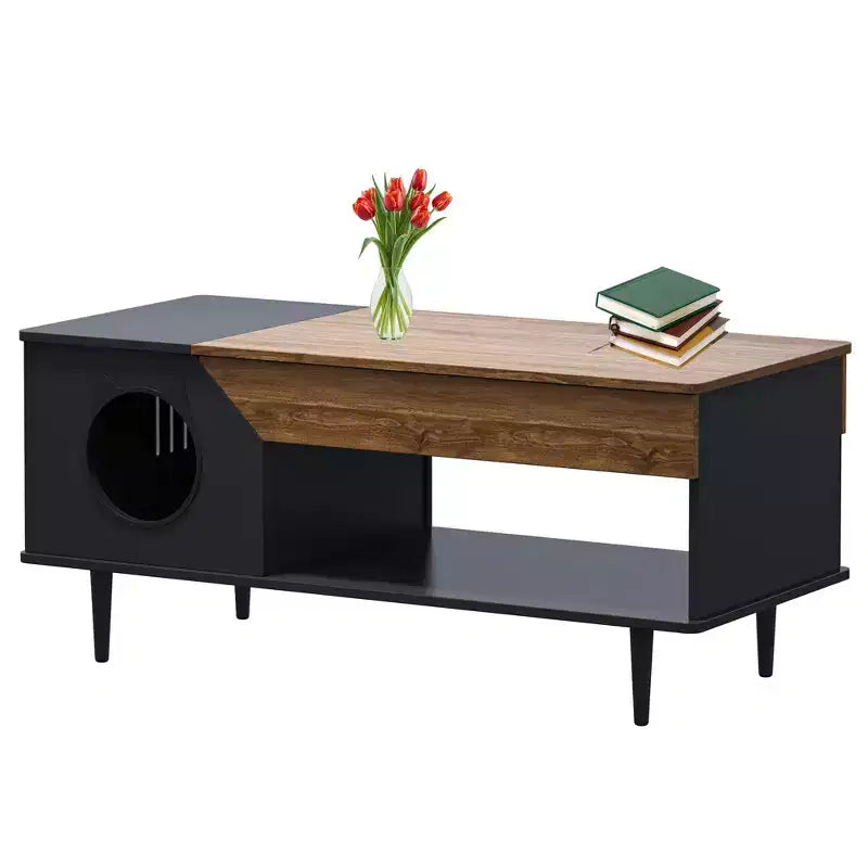Couchtisch 45' in Schwarz mit Katzenmotiven, für das Wohnzimmer, mit Schublade, rustikale Couchtische aus Holz mit Katzenhaus
