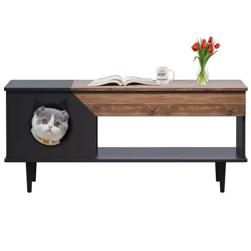 Couchtisch 45' in Schwarz mit Katzenmotiven, für das Wohnzimmer, mit Schublade, rustikale Couchtische aus Holz mit Katzenhaus