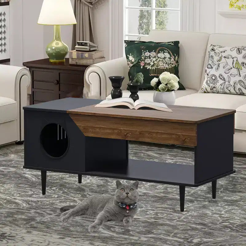 Couchtisch 45' in Schwarz mit Katzenmotiven, für das Wohnzimmer, mit Schublade, rustikale Couchtische aus Holz mit Katzenhaus