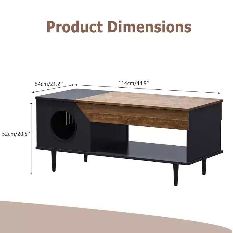 Couchtisch 45' in Schwarz mit Katzenmotiven, für das Wohnzimmer, mit Schublade, rustikale Couchtische aus Holz mit Katzenhaus
