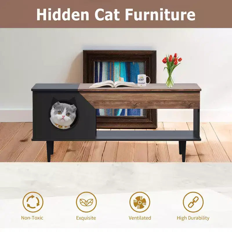 Couchtisch 45' in Schwarz mit Katzenmotiven, für das Wohnzimmer, mit Schublade, rustikale Couchtische aus Holz mit Katzenhaus