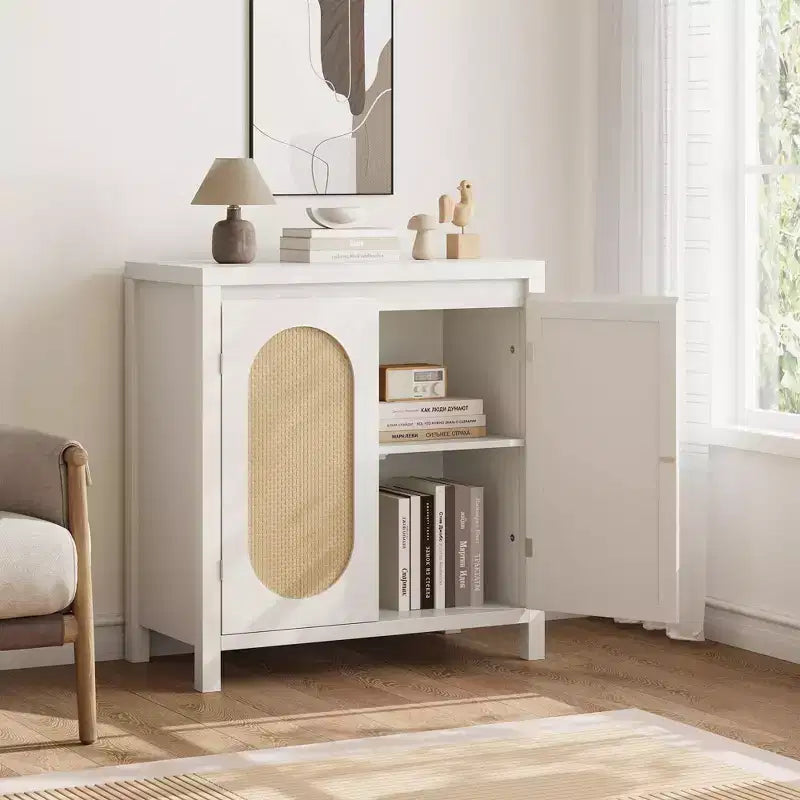 Sideboard im Mid-Century-Stil - Retro-Aufbewahrungsschrank mit Rattantüren und verstellbarem Einlegeboden, Akzentkonsole für Wohnzimmer und Esszimmer