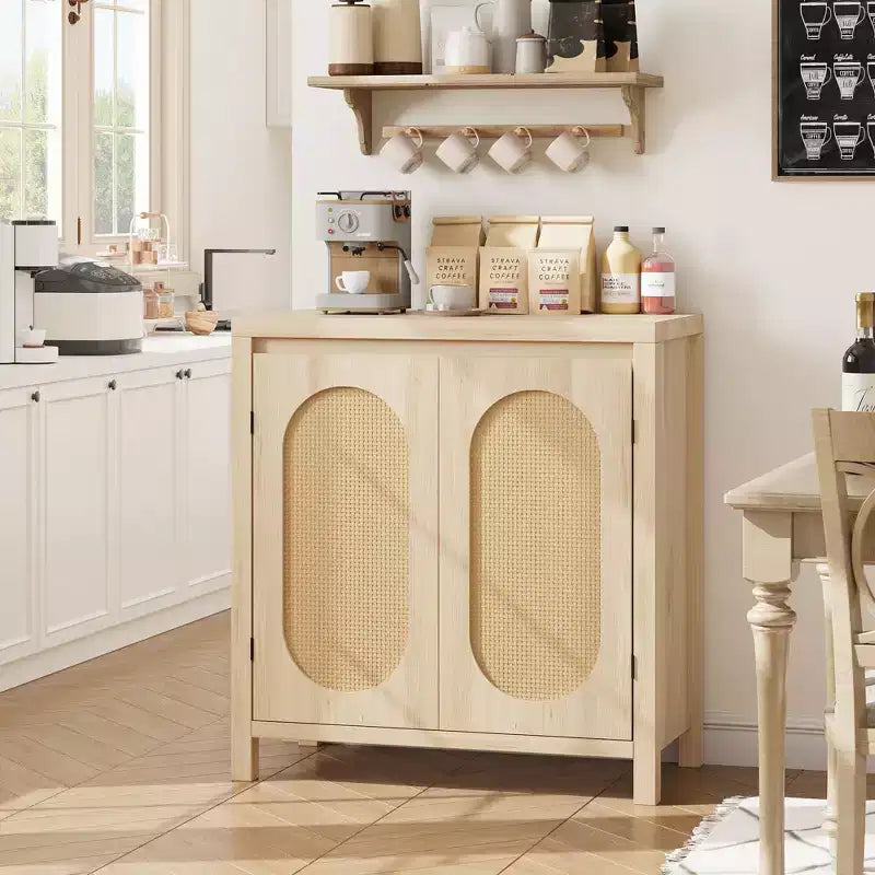 Sideboard im Mid-Century-Stil - Retro-Aufbewahrungsschrank mit Rattantüren und verstellbarem Einlegeboden, Akzentkonsole für Wohnzimmer und Esszimmer