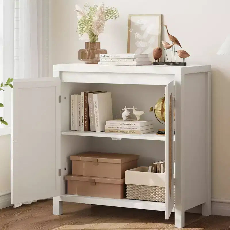 Sideboard im Mid-Century-Stil - Retro-Aufbewahrungsschrank mit Rattantüren und verstellbarem Einlegeboden, Akzentkonsole für Wohnzimmer und Esszimmer