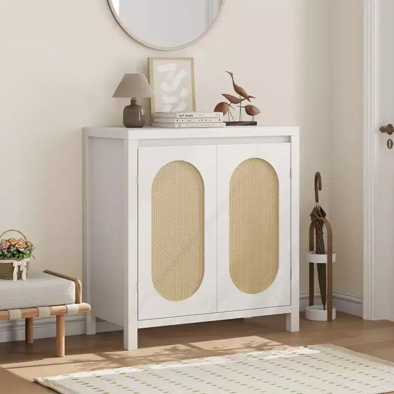 Aparador de estilo moderno de mediados de siglo - mueble de almacenamiento retro con puertas de ratán y estante ajustable, consola decorativa para sala de estar y comedor