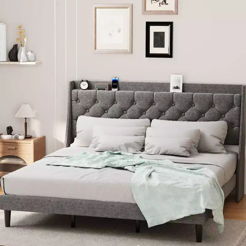 Estructura de cama tapizada con cabecero con alas, tapizado de lino - capitoné profundo con botones, estante de almacenamiento