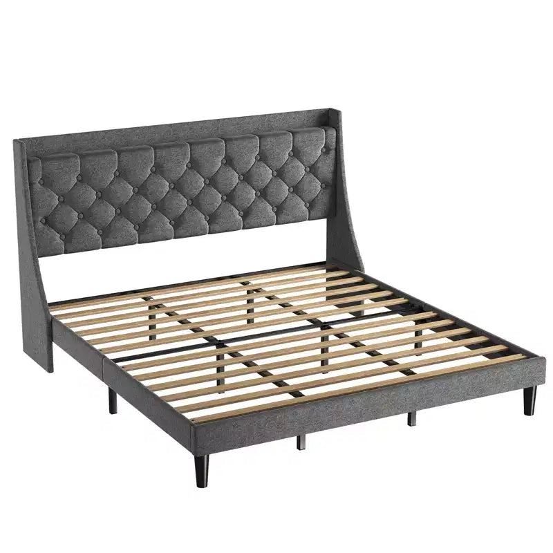 Estructura de cama tapizada con cabecero con alas, tapizado de lino - capitoné profundo con botones, estante de almacenamiento