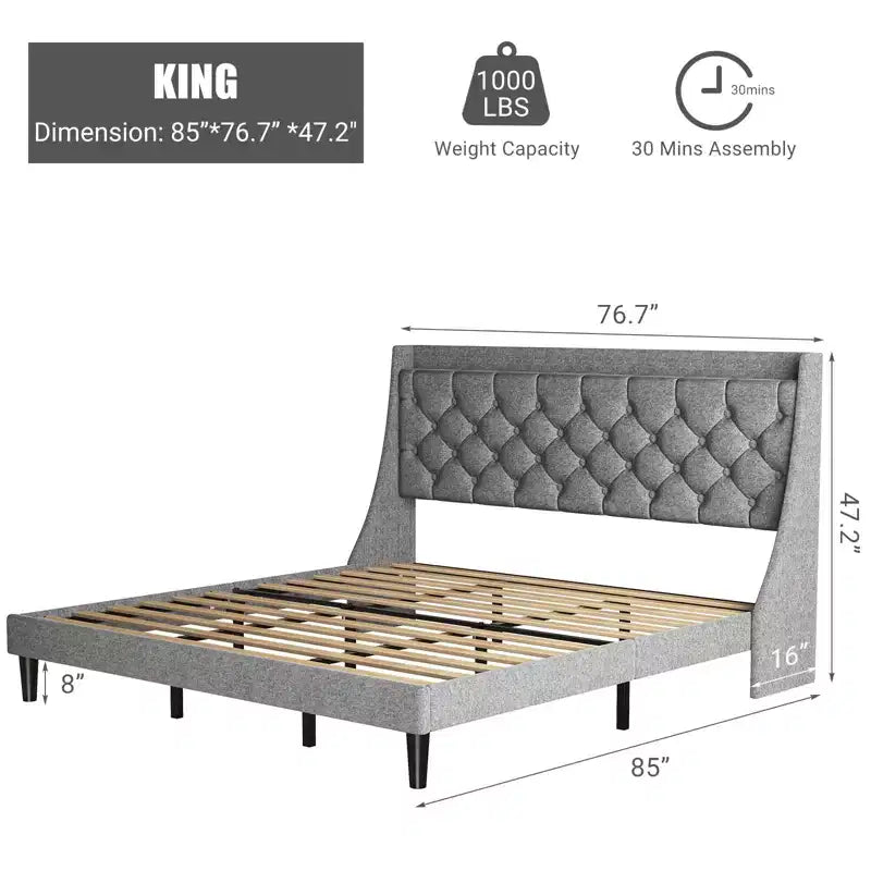 Estructura de cama tapizada con cabecero con alas, tapizado de lino - capitoné profundo con botones, estante de almacenamiento