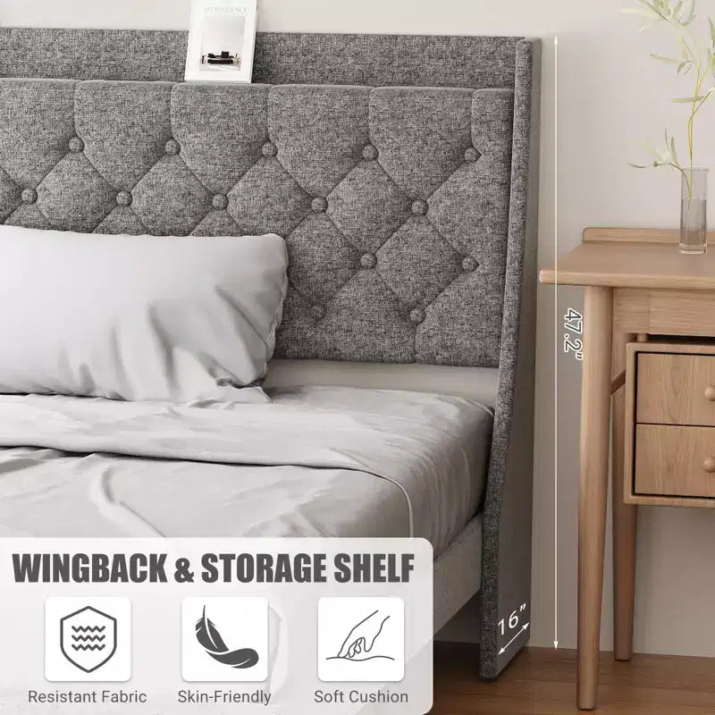 Estructura de cama tapizada con cabecero con alas, tapizado de lino - capitoné profundo con botones, estante de almacenamiento