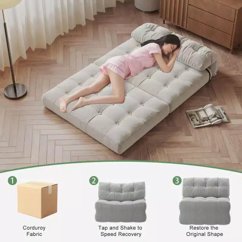 Sofá cama plegable, sofá de suelo plegable de pana con almohada