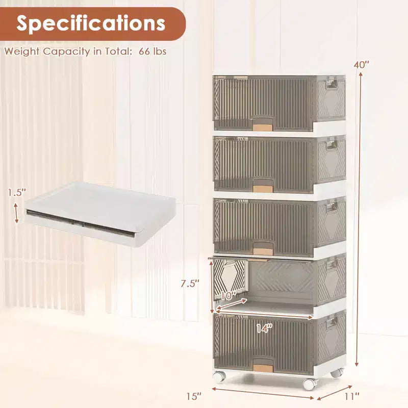 Stapelbare Aufbewahrungsboxen mit 5 Fächern, abnehmbaren Rollen, Fassungsvermögen 22,5 Gal, großer Organizer