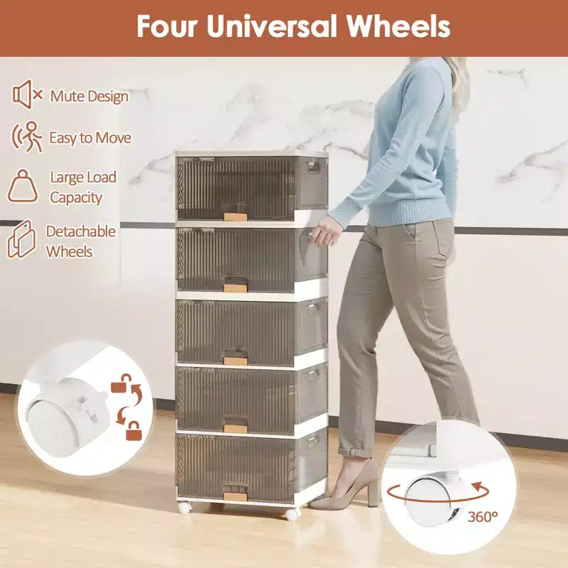 Stapelbare Aufbewahrungsboxen mit 5 Fächern, abnehmbaren Rollen, Fassungsvermögen 22,5 Gal, großer Organizer